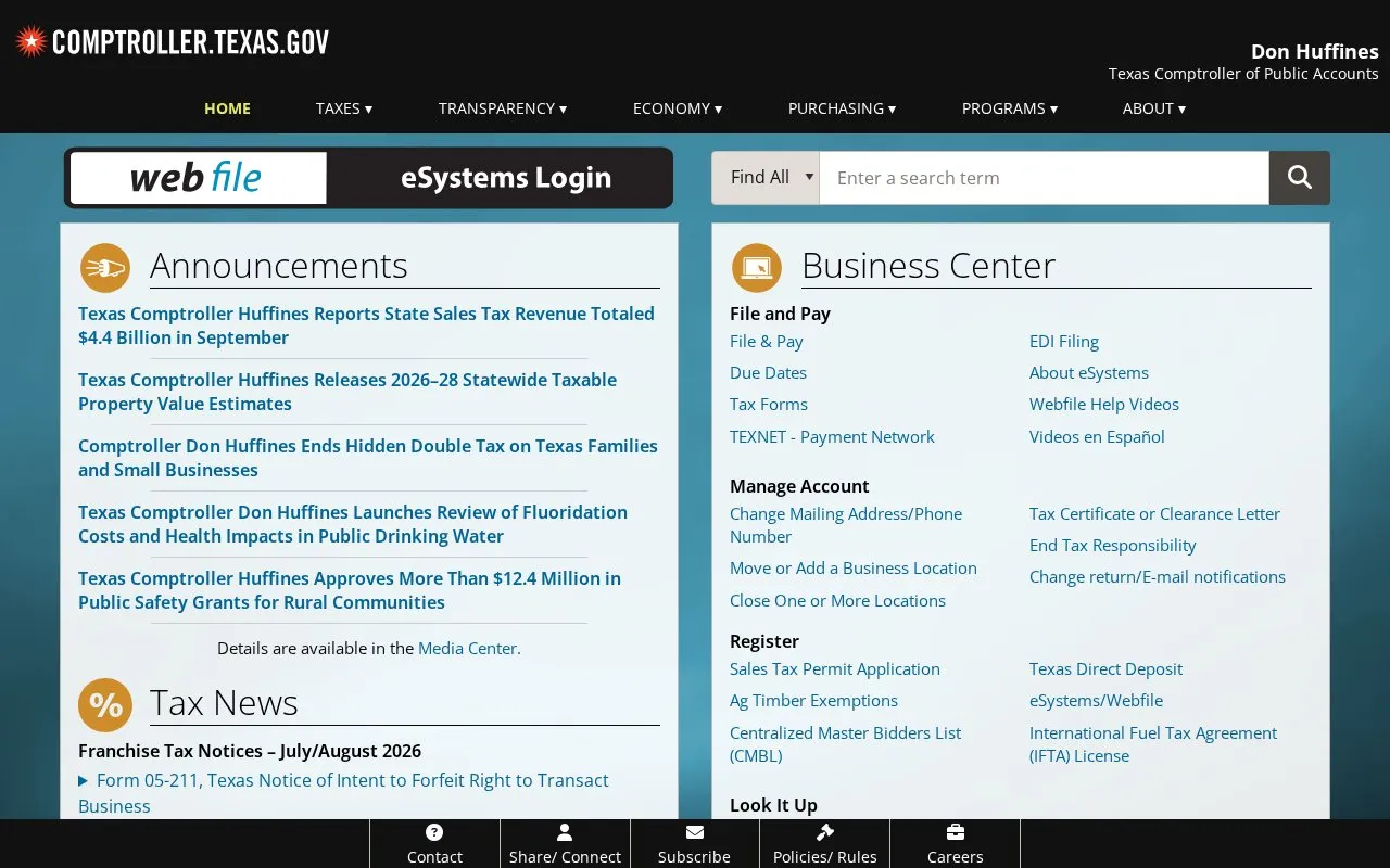 Home Comptroller.Texas.Gov homepage screenshot