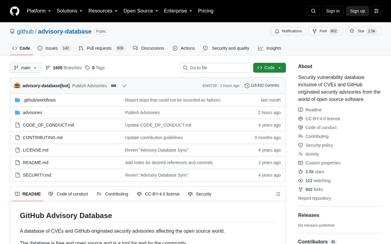 Advisory Database homepage screenshot