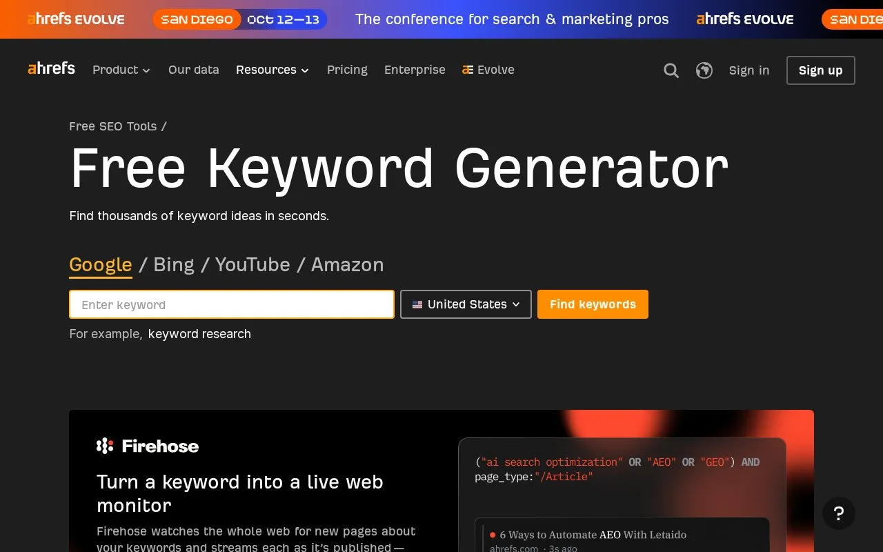 Ahrefs' Keywords Generator homepage screenshot