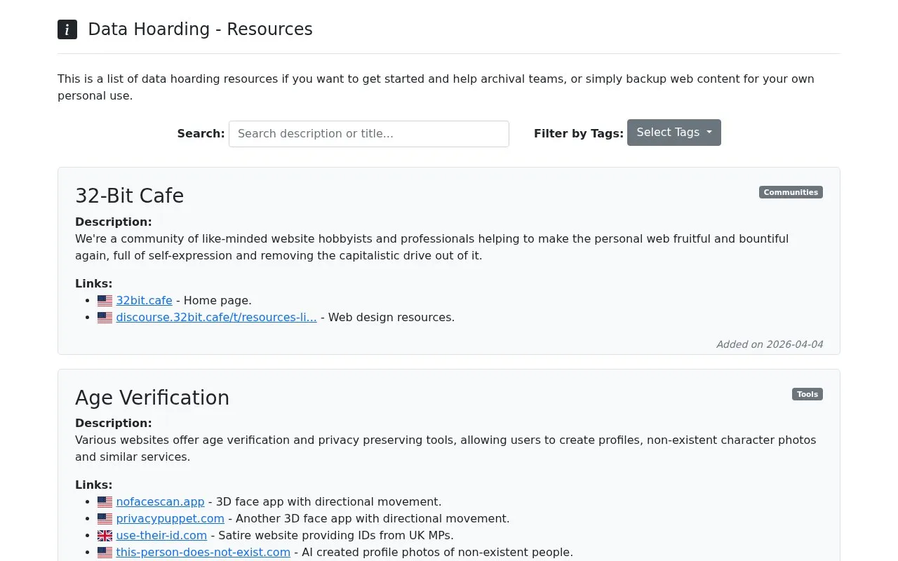 Data Hoarding homepage screenshot