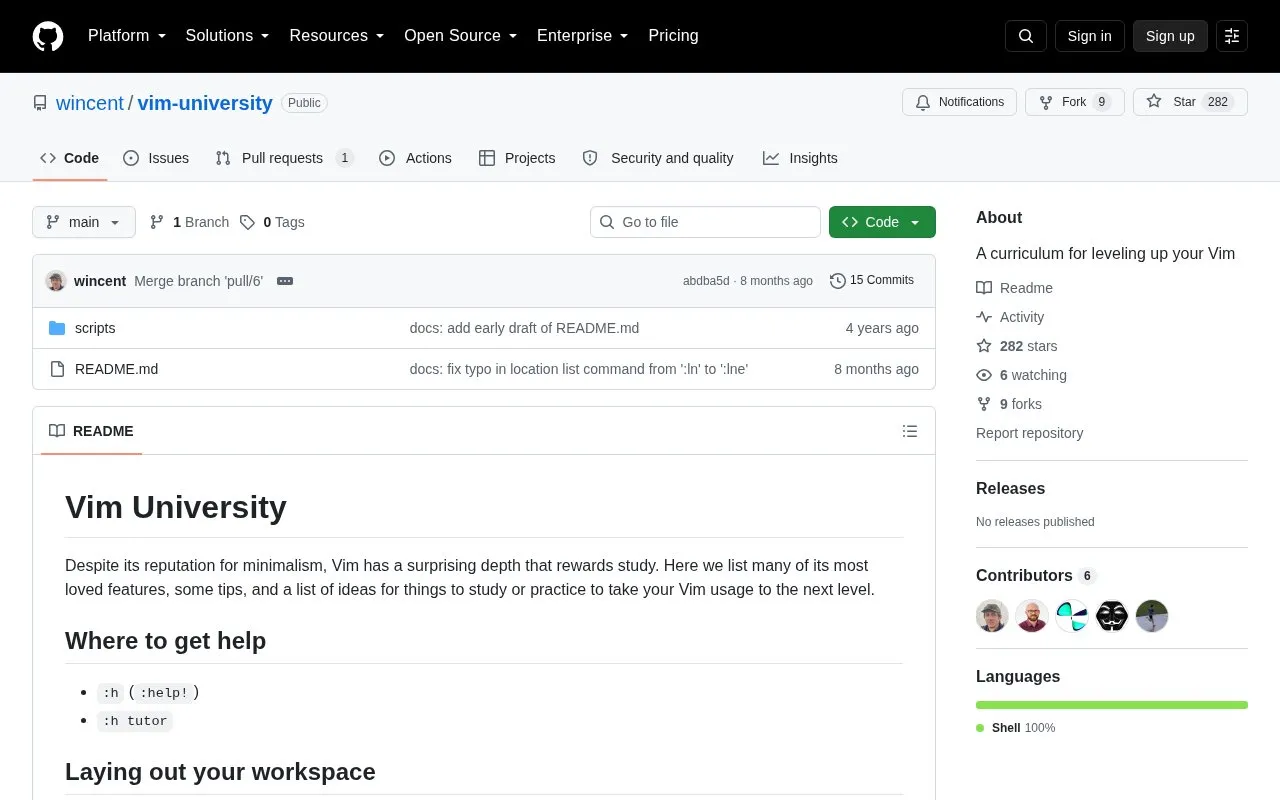 Vim University homepage screenshot
