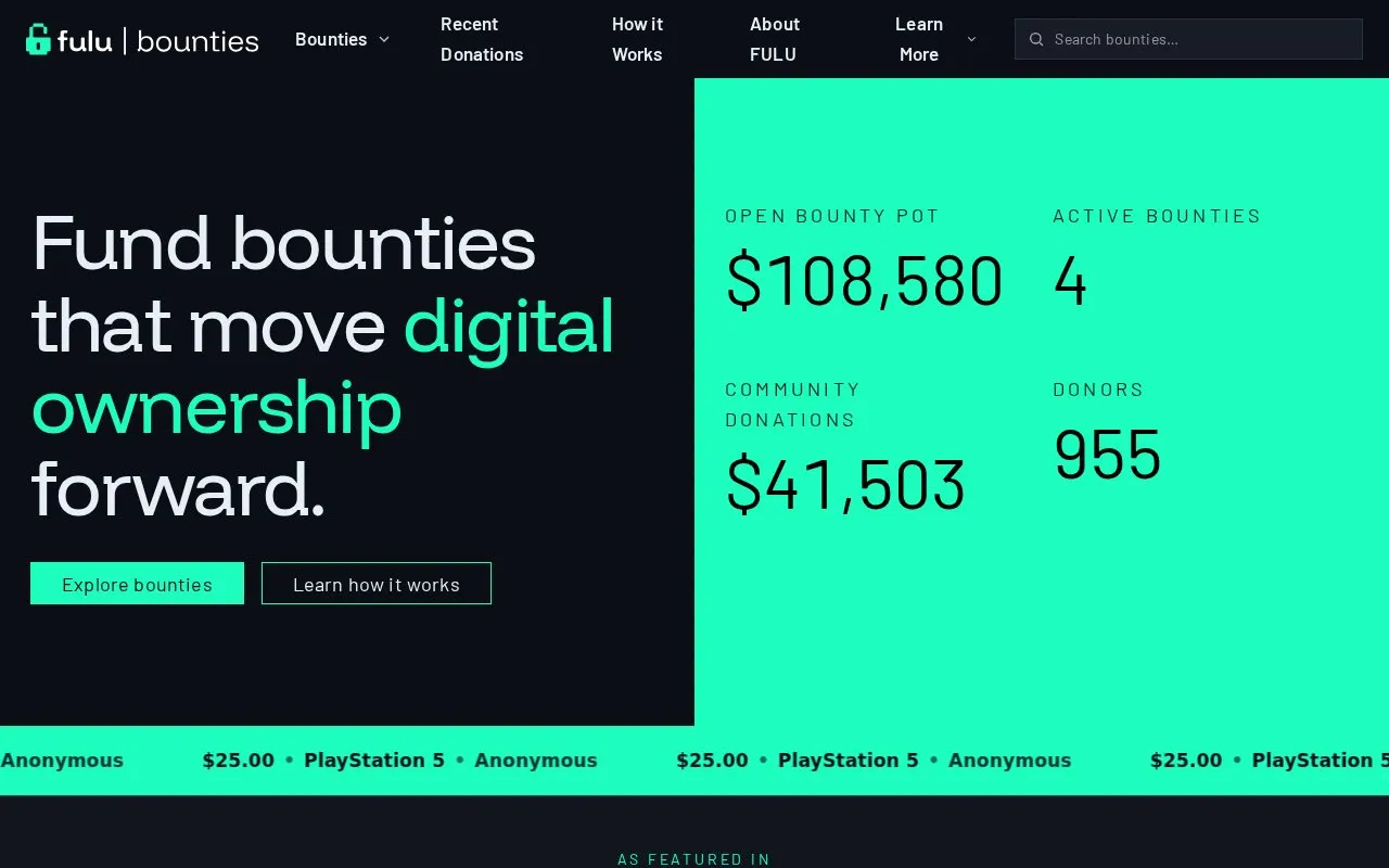 FULU Bounties homepage screenshot