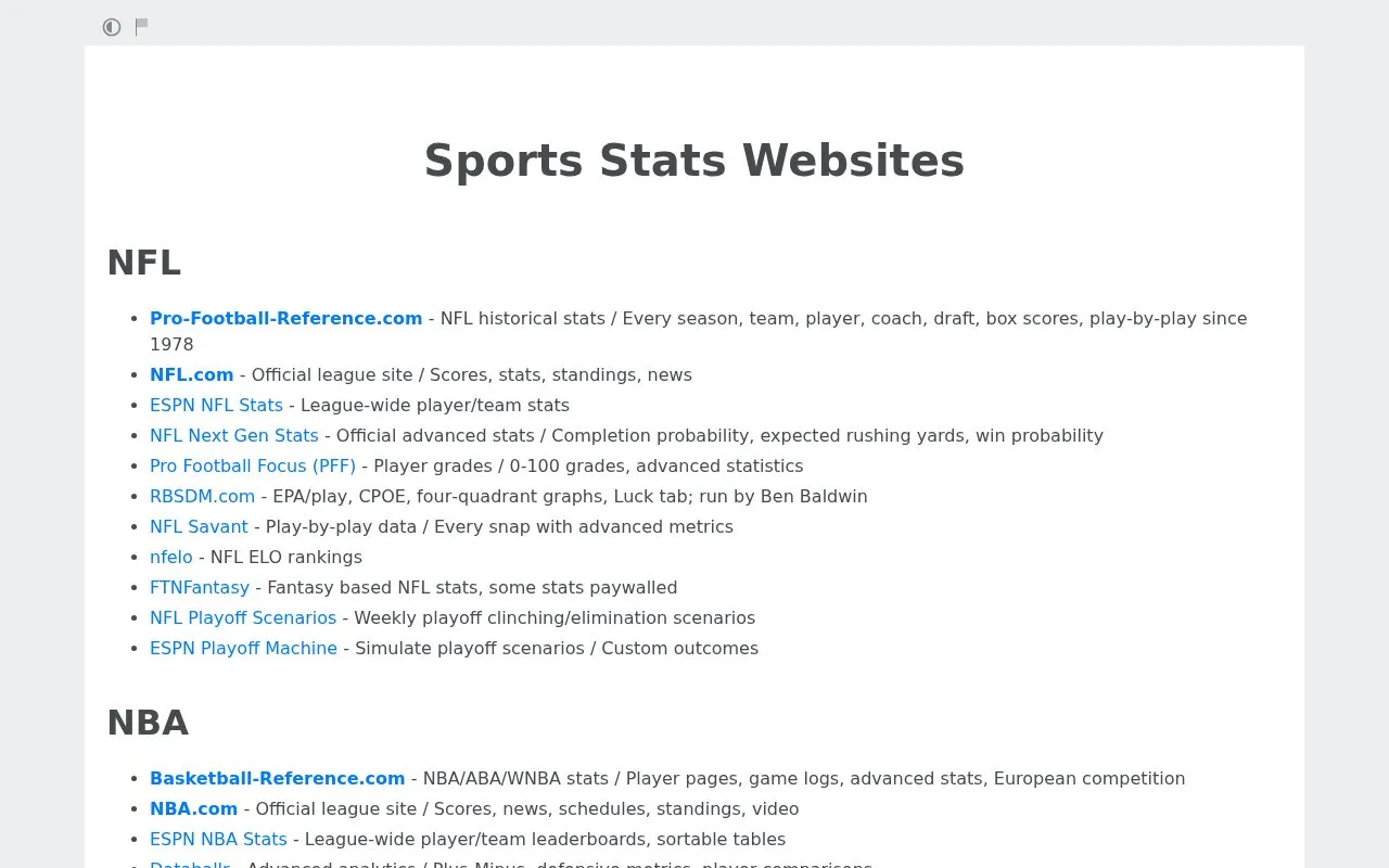 Sports Stat Sites homepage screenshot