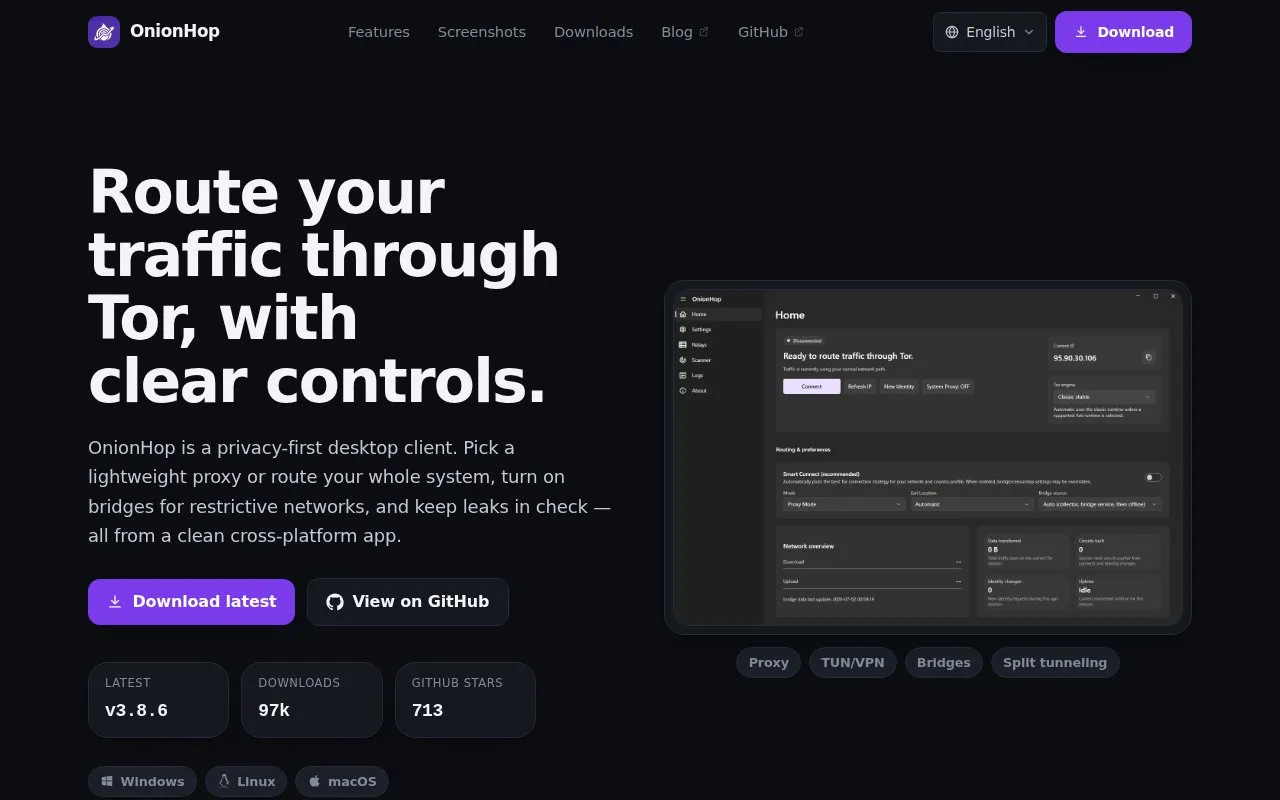 OnionHop homepage screenshot