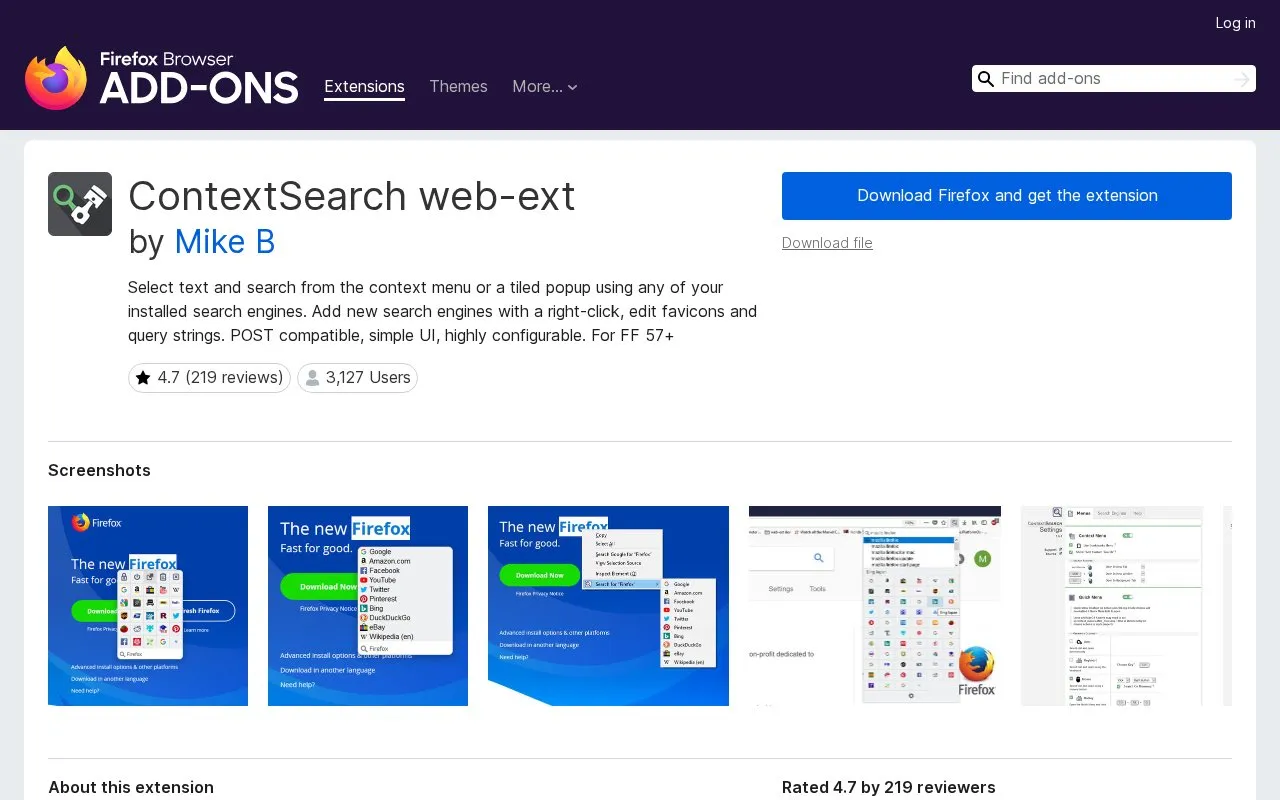 ContextSearch web-ext by Mike B homepage screenshot