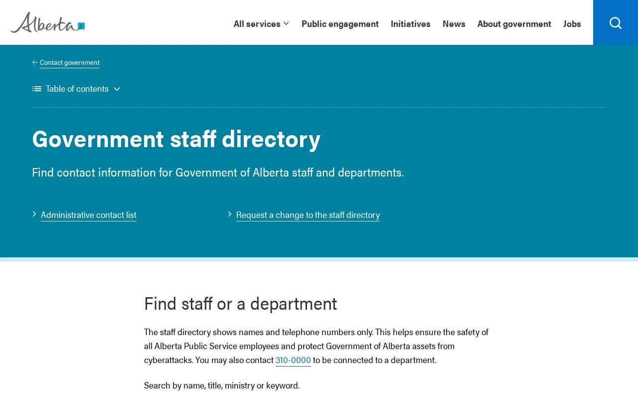 Government staff directory homepage screenshot