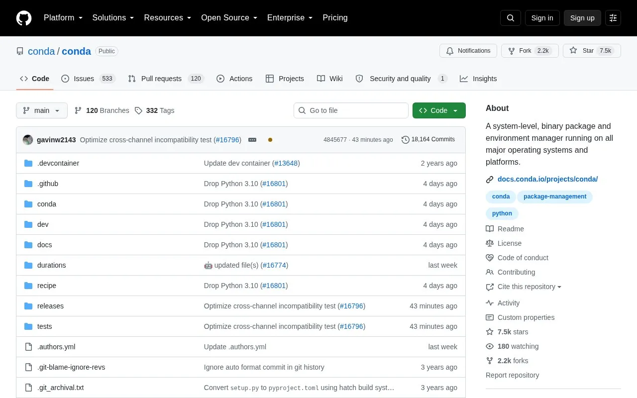 conda homepage screenshot