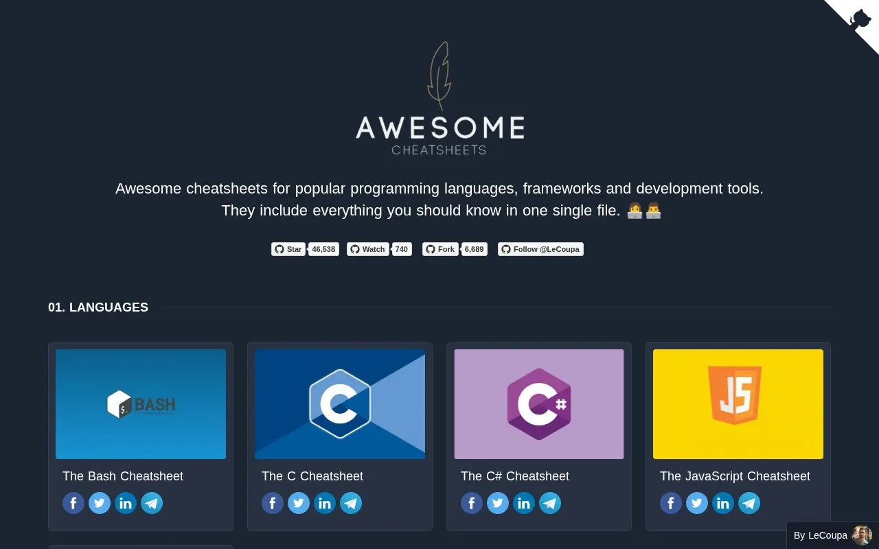 Awesome Cheatsheets homepage screenshot