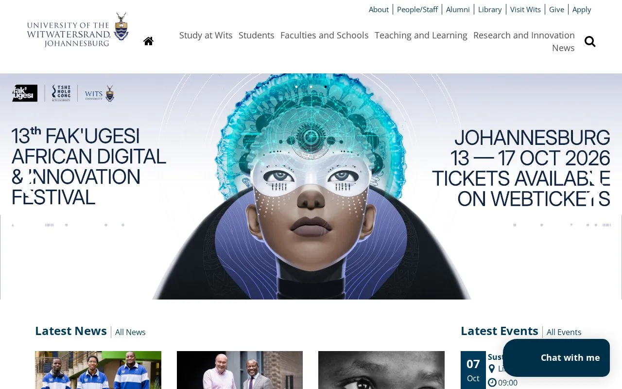 University of the Witwatersrand, Johannesburg homepage screenshot