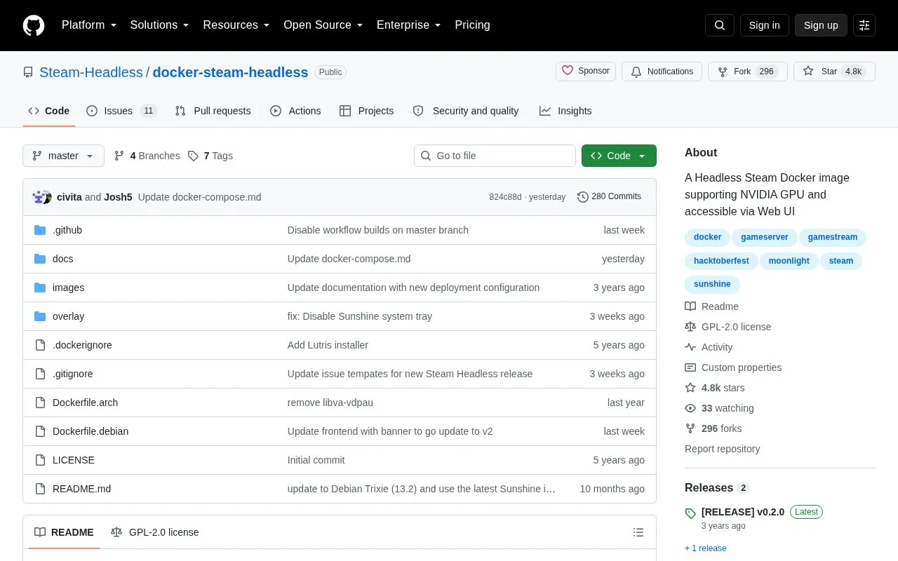 docker-steam-headless homepage screenshot