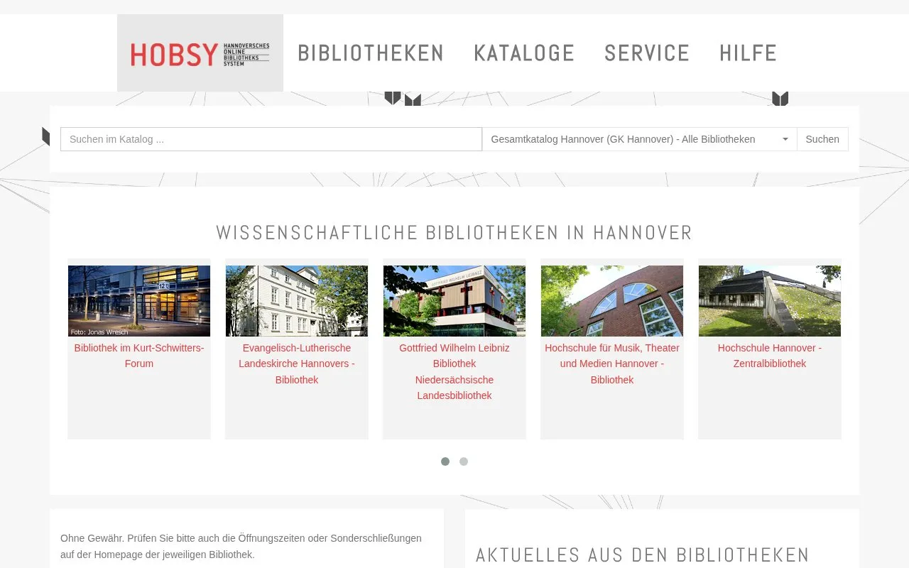 Hanoverian online library system homepage screenshot