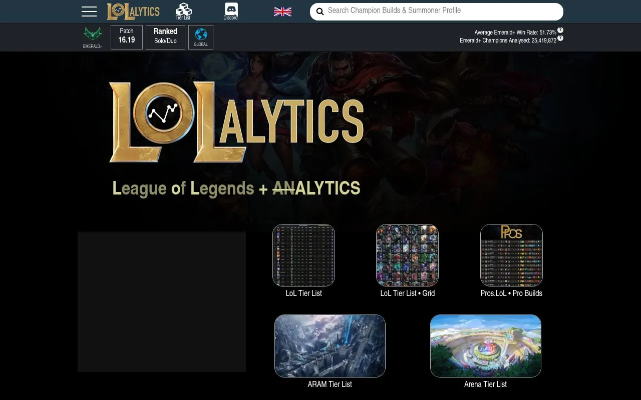 LoLAlytics homepage screenshot