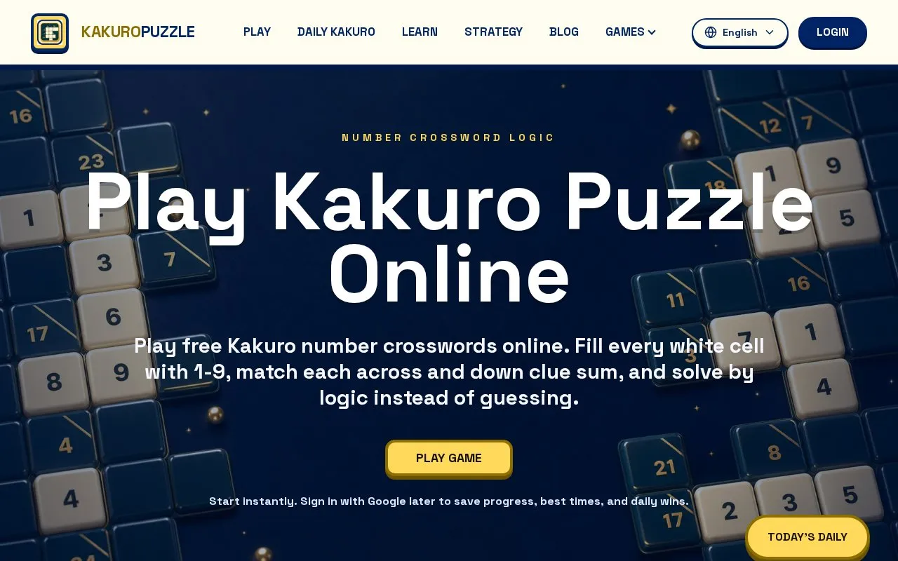 Kakuro Puzzle homepage screenshot