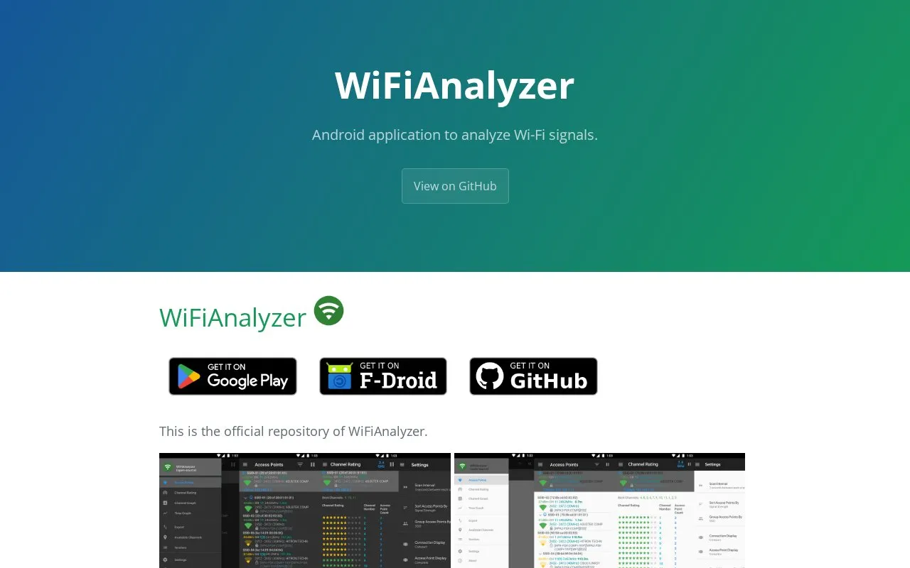 WiFiAnalyzer homepage screenshot