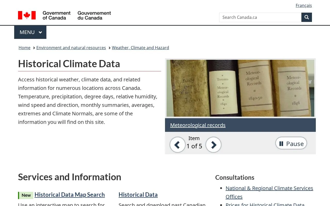 Historical Climate Data Canada homepage screenshot