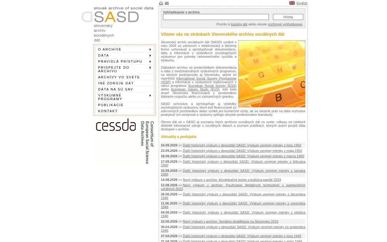 Slovak Archive of Social Data homepage screenshot