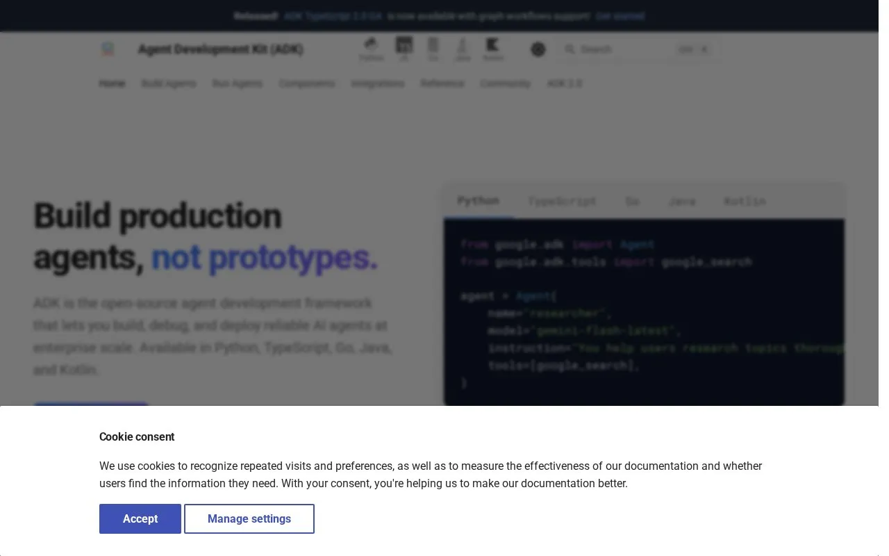 Google Agent Development Kit homepage screenshot
