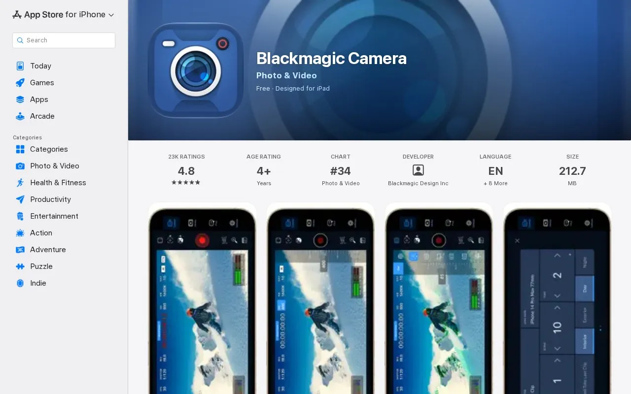 BlackMagic Camera homepage screenshot