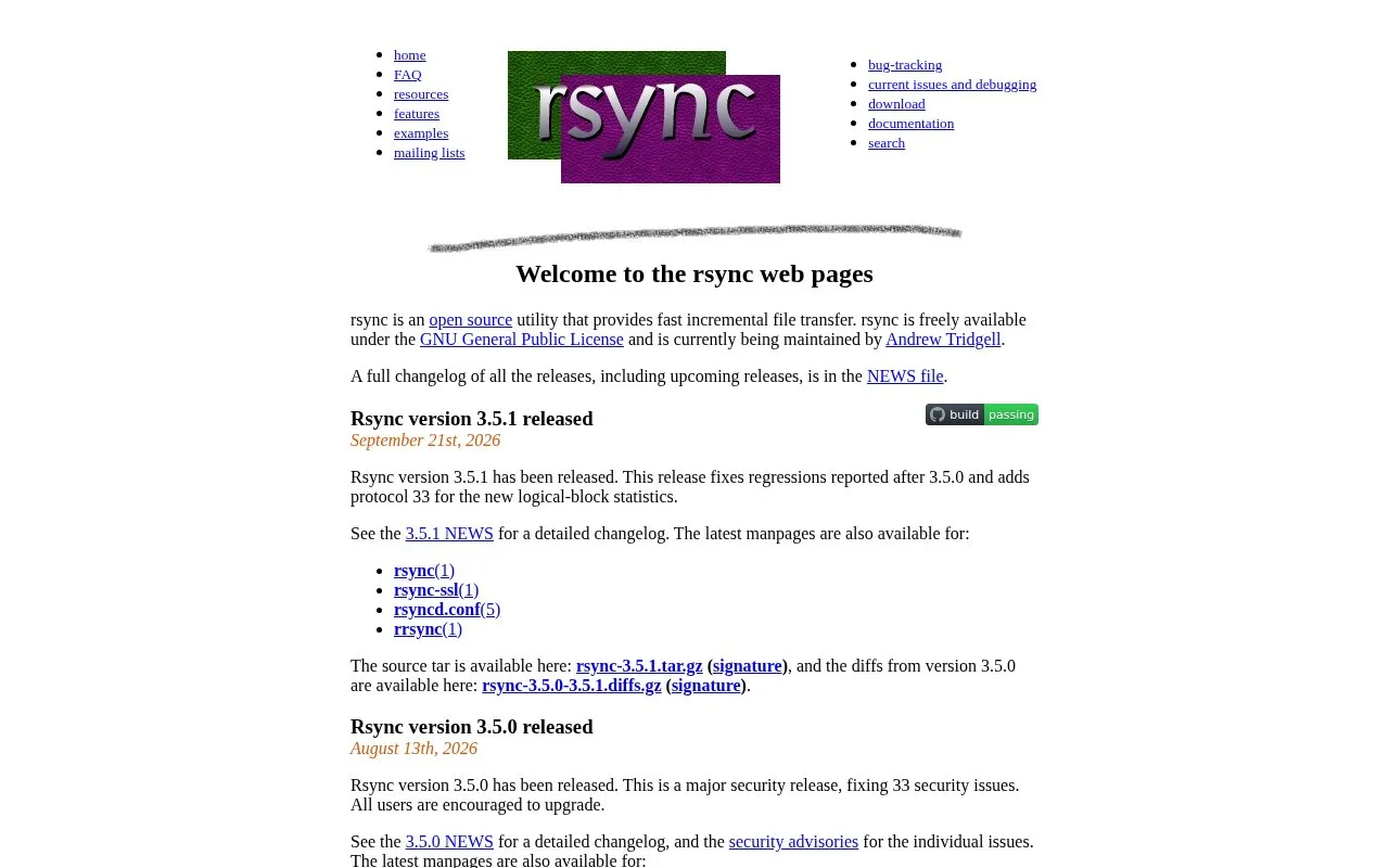 rsync homepage screenshot