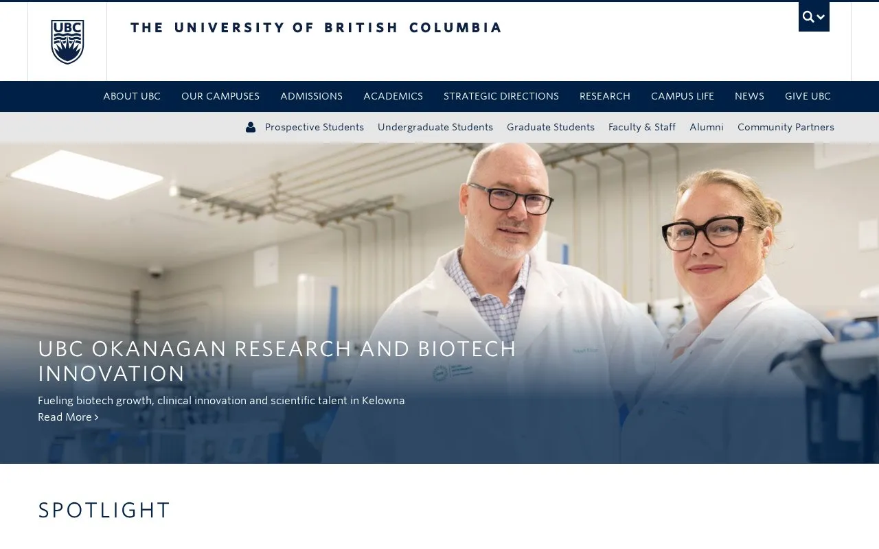 The University of British Columbia homepage screenshot