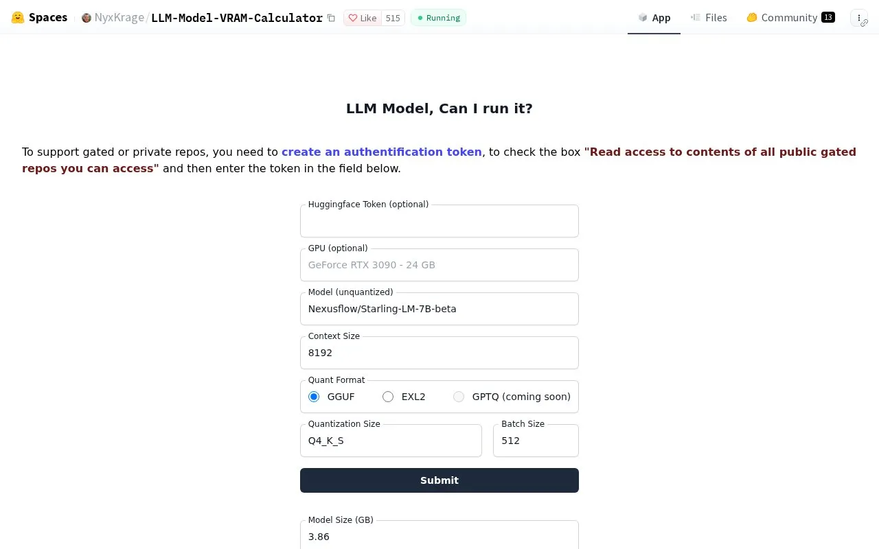 LLM Model VRAM Calculator homepage screenshot