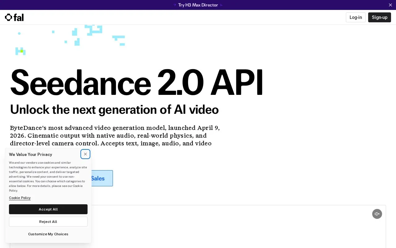 FAL.ai (Seedance 2.0) homepage screenshot