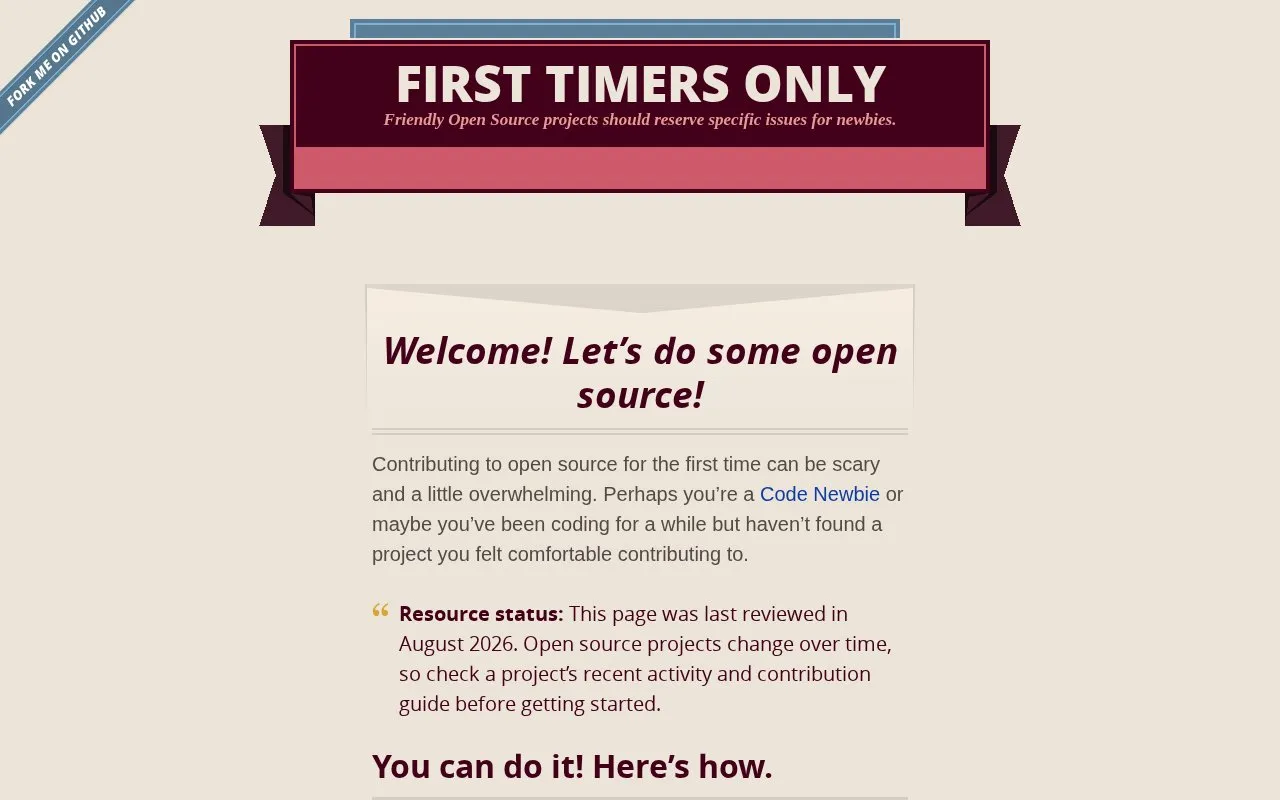 First Timers Only homepage screenshot