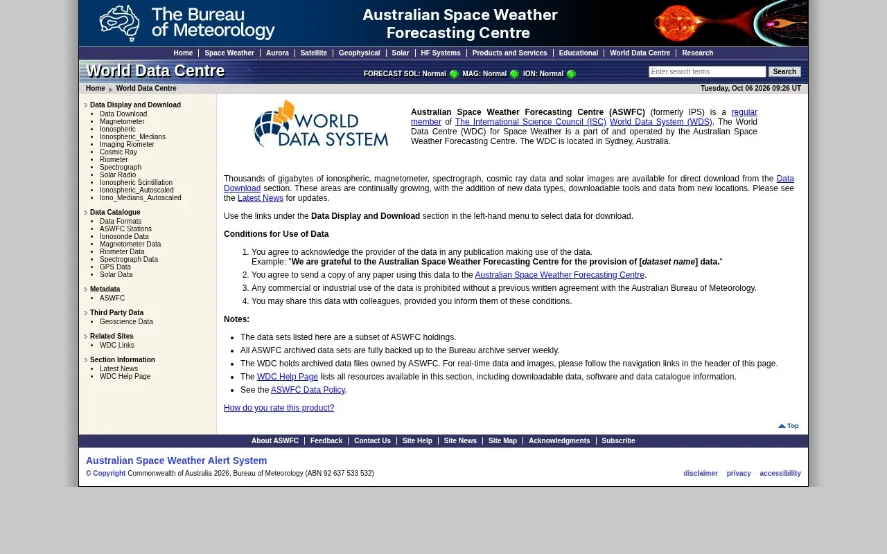 World Data Centre for Space Weather homepage screenshot