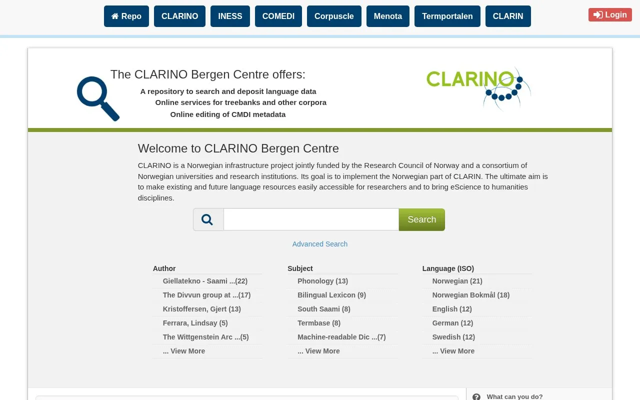 CLARINO Bergen Centre homepage screenshot
