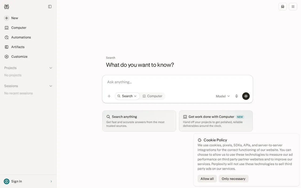 Perplexity homepage screenshot