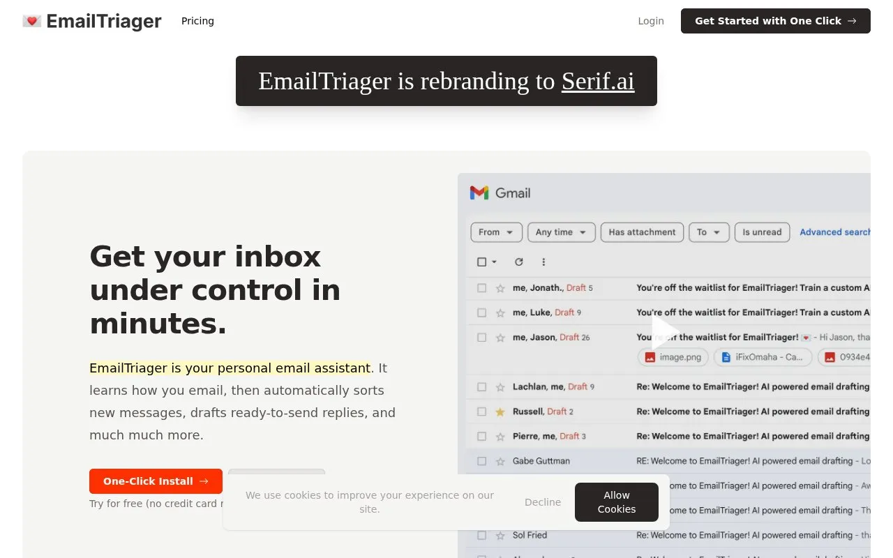 EmailTriager homepage screenshot