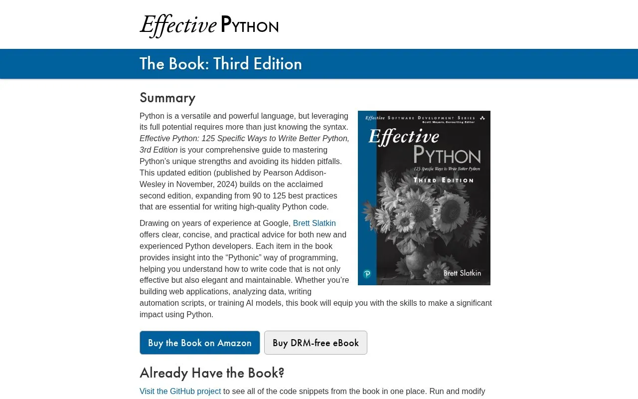 Effective Python: 90 Specific Ways to Write Better Python by Brett Slatkin homepage screenshot