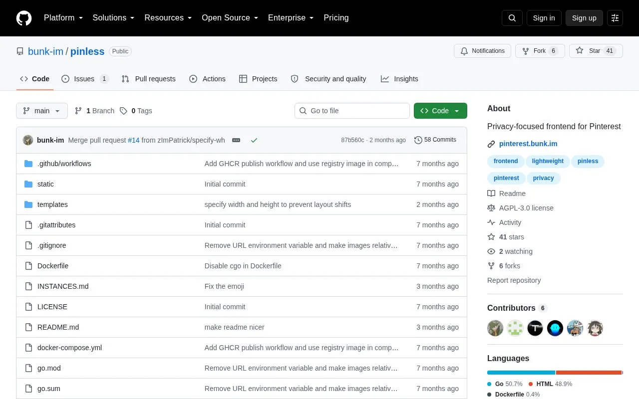 Pinless homepage screenshot