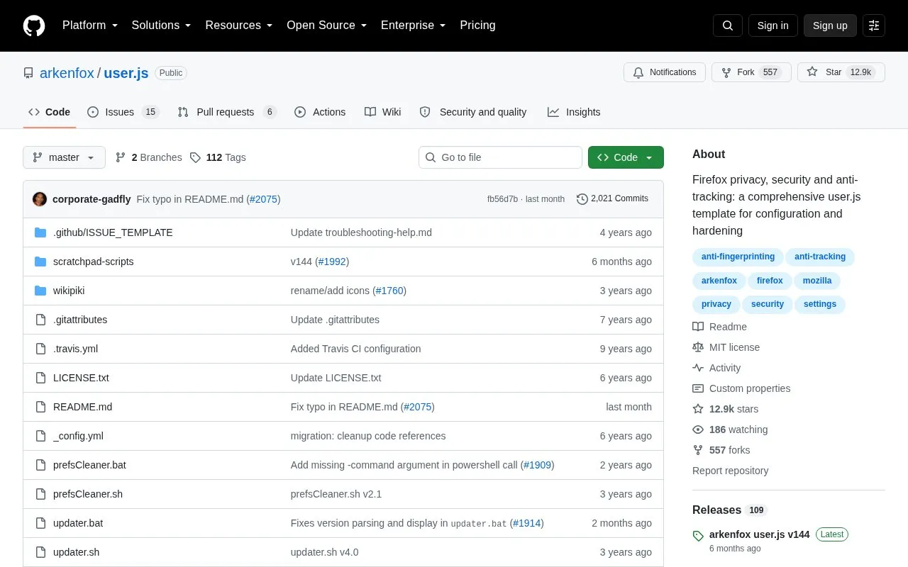arkenfox homepage screenshot