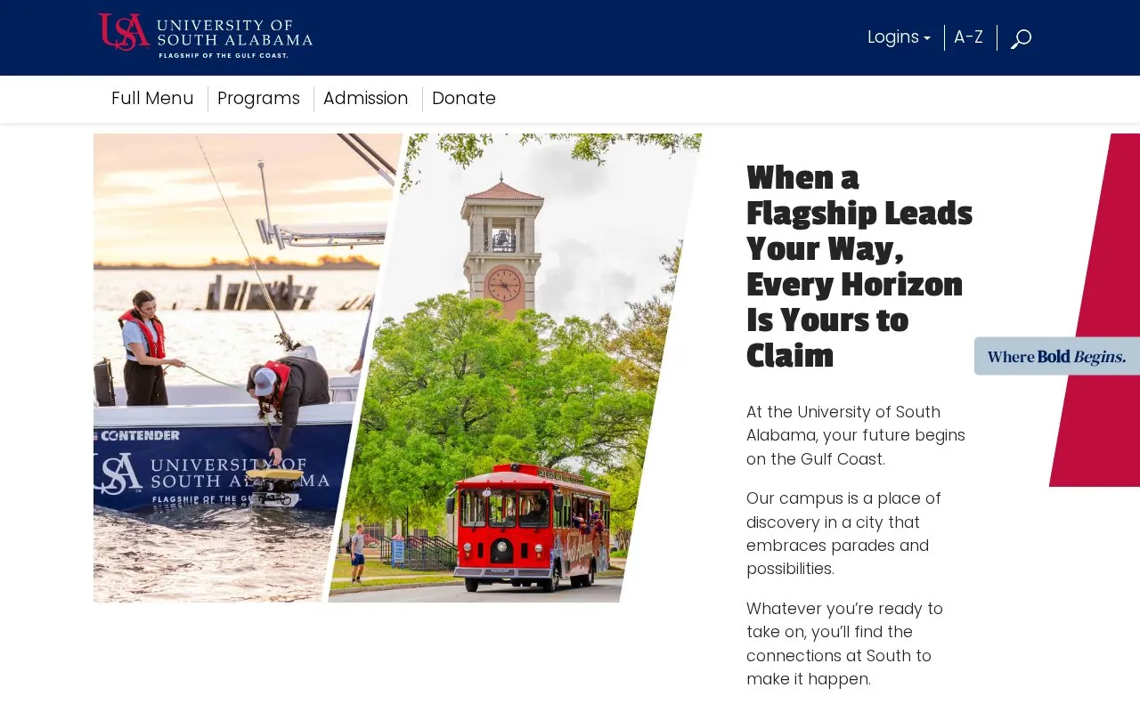 University of South Alabama homepage screenshot