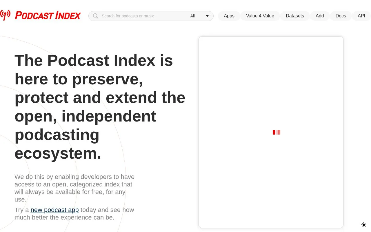 Podcast Index homepage screenshot