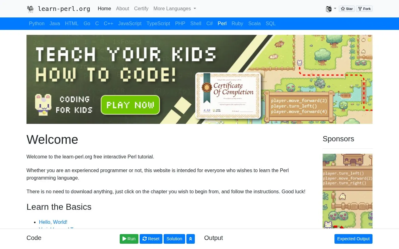 Learn Perl homepage screenshot