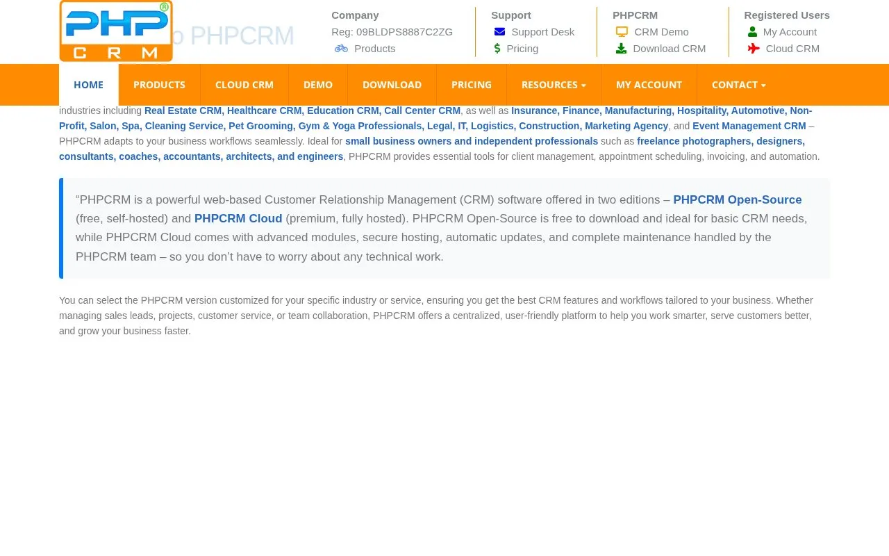 PHPCRM homepage screenshot