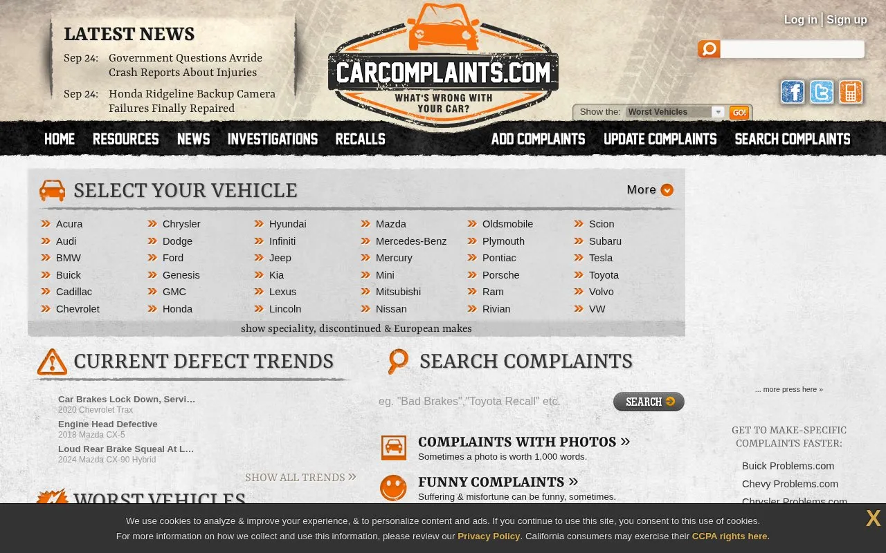 CarComplaints homepage screenshot