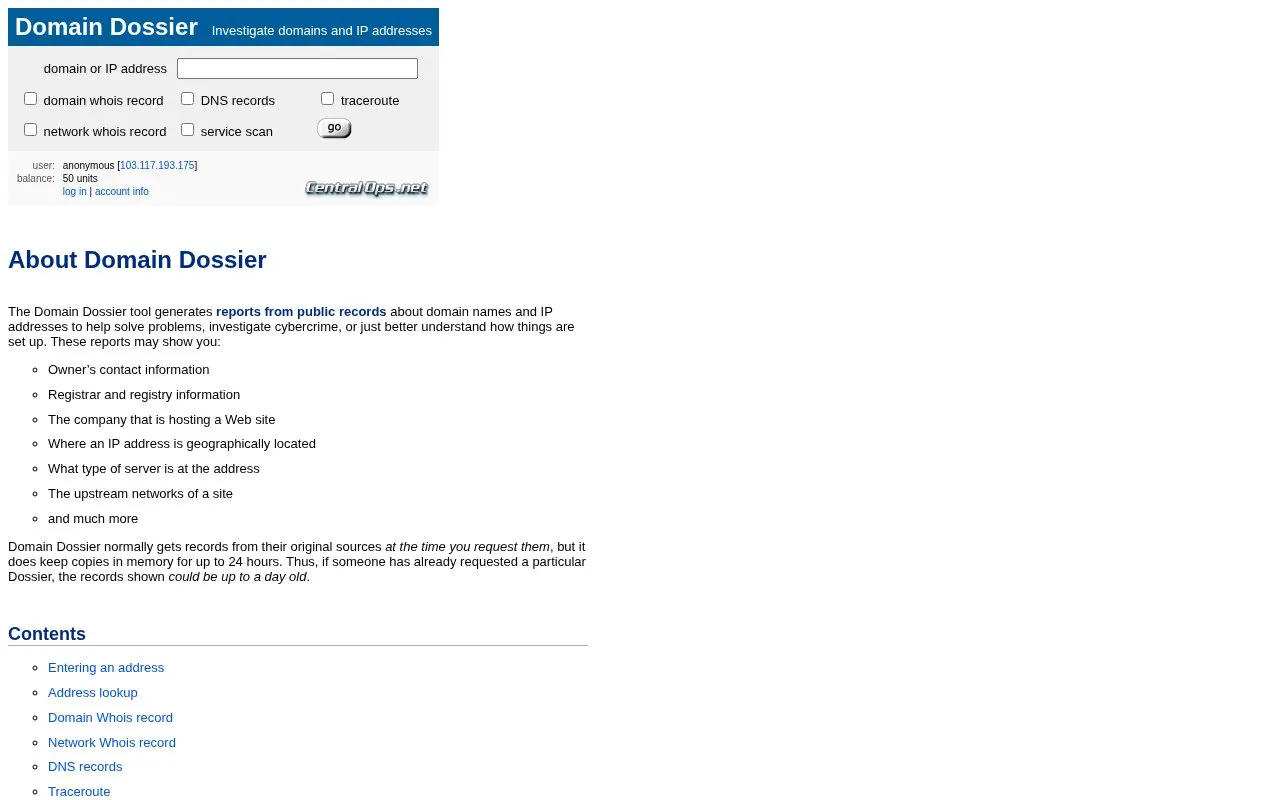 Domain Dossier homepage screenshot