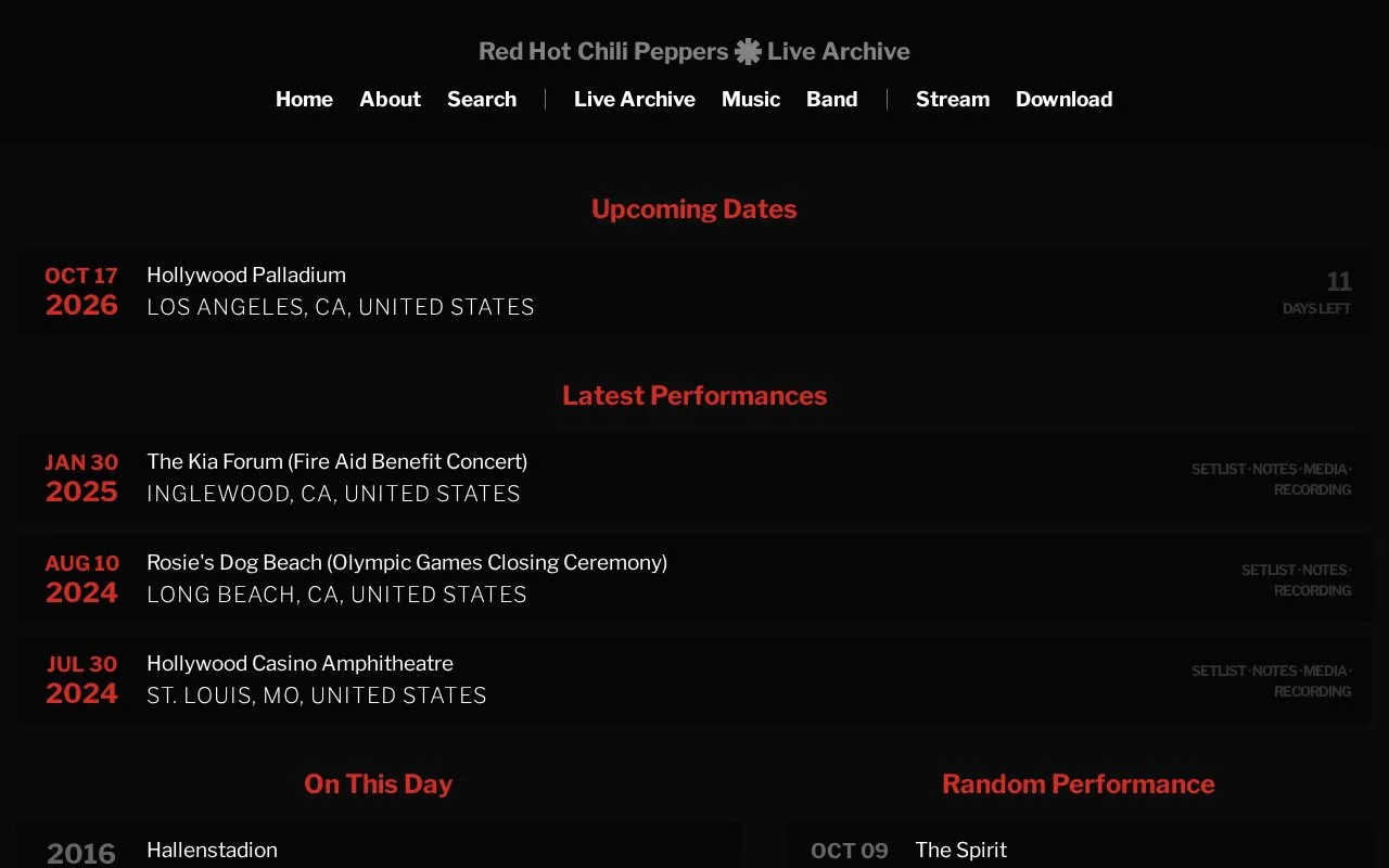 RHCPLiveArchive homepage screenshot