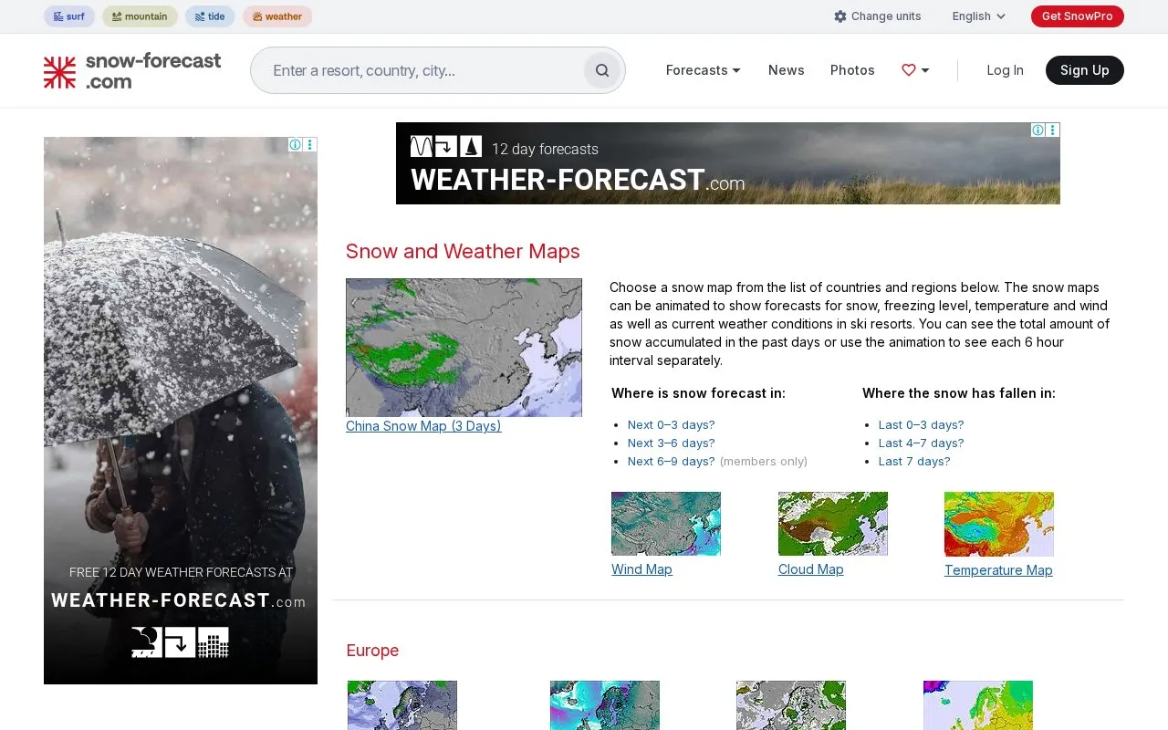 Snow Forecast homepage screenshot