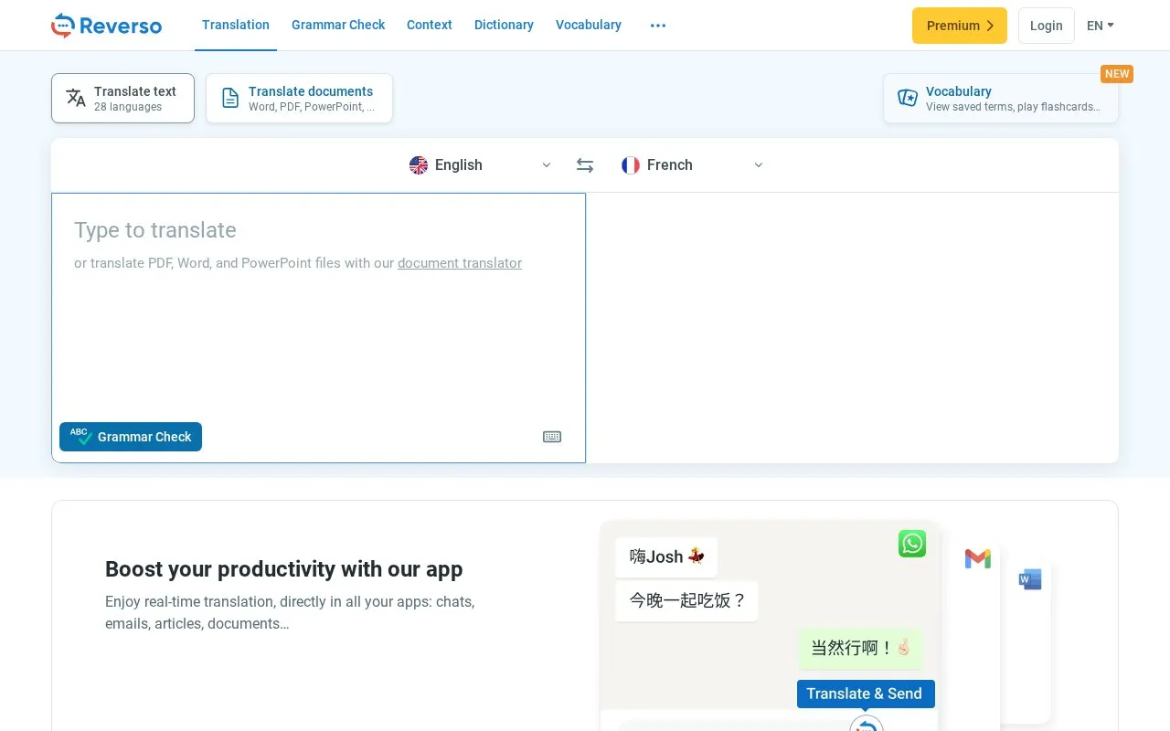 Reverso homepage screenshot