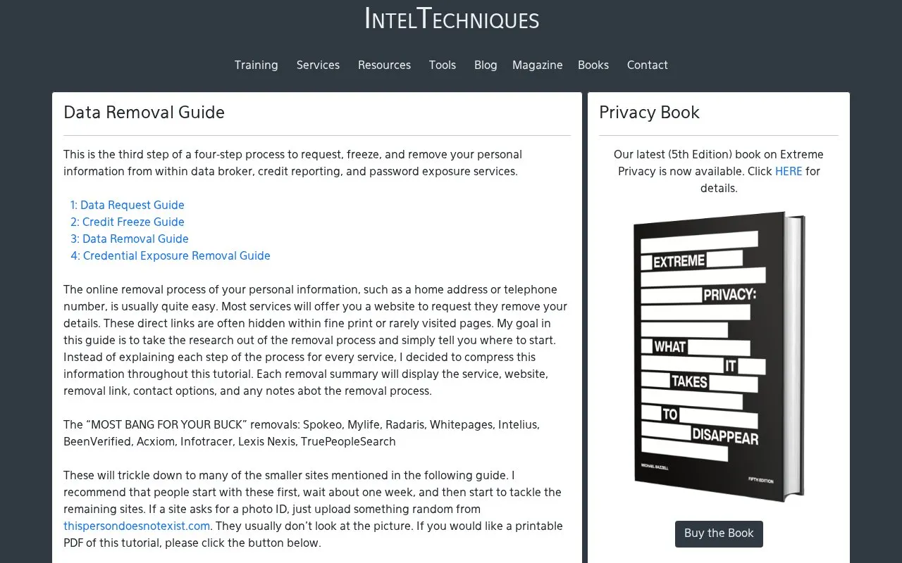 Privacy Services by Michael Bazzell homepage screenshot