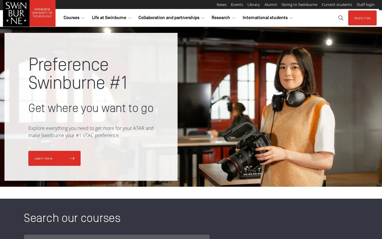 Swinburne University of Technology homepage screenshot
