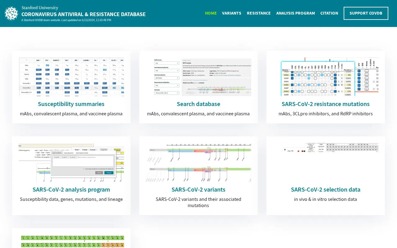 Coronavirus Antiviral Research Database homepage screenshot