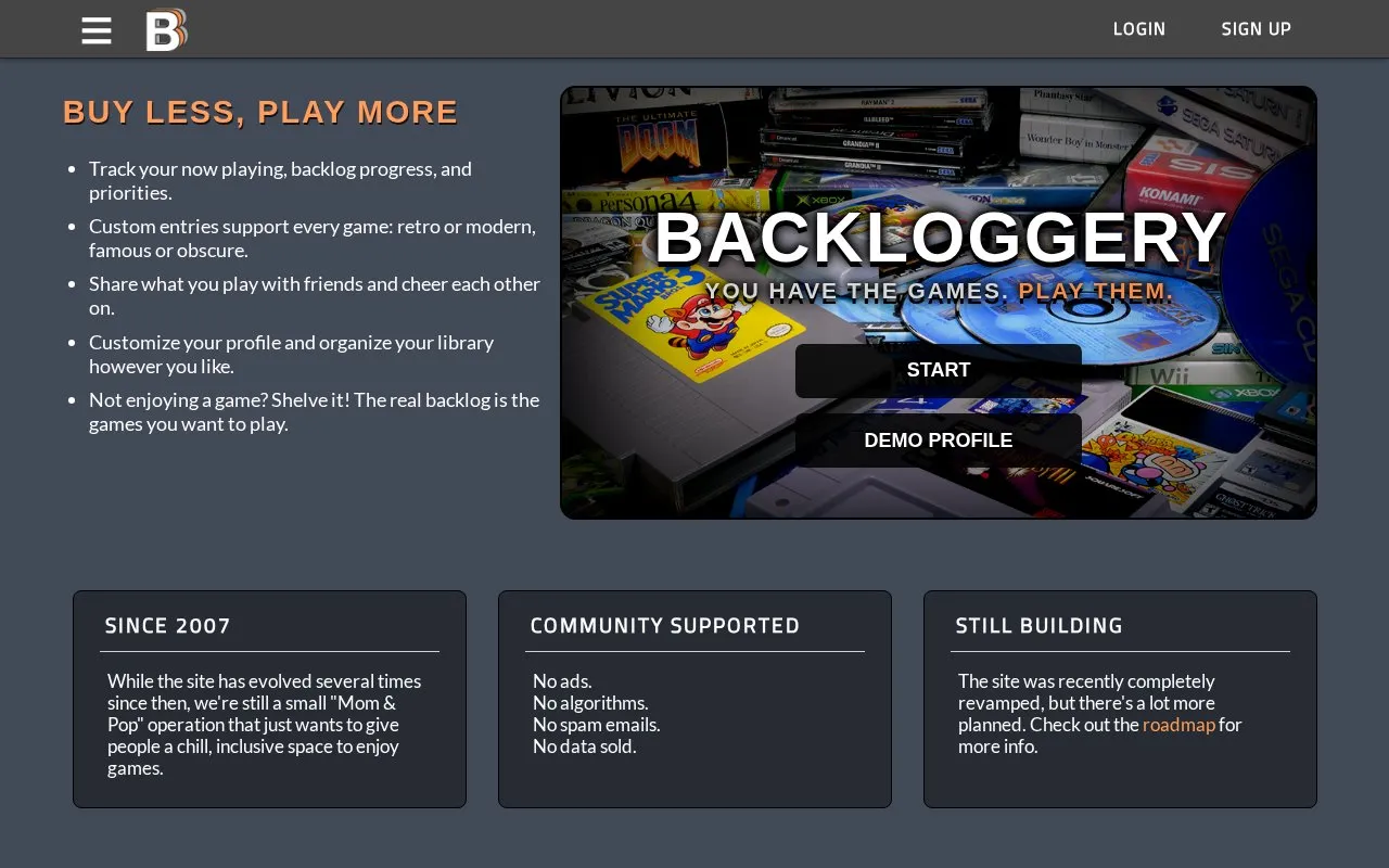 Backloggery homepage screenshot