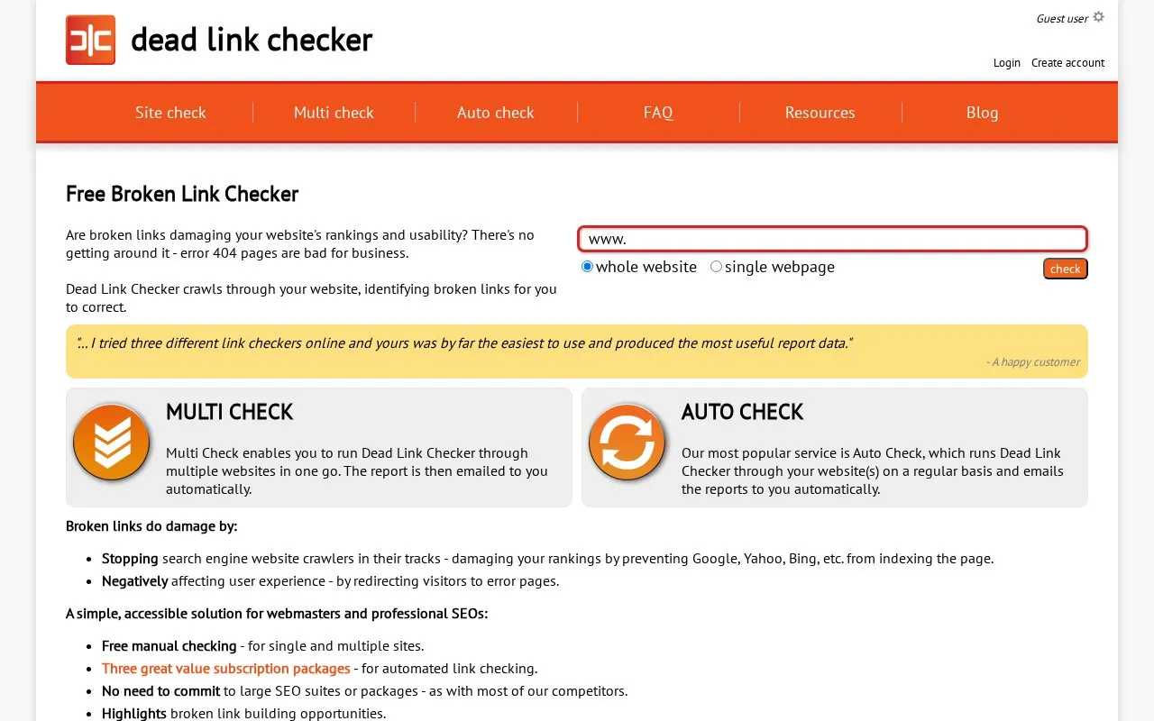 Dead Link Checker homepage screenshot