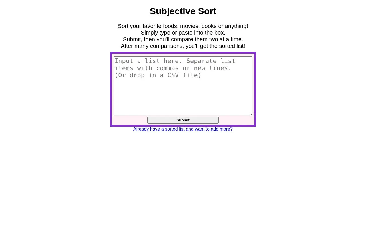 SubjectiveSort homepage screenshot