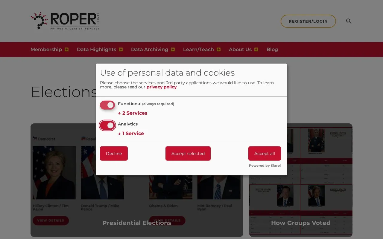 Roper Center for Public Opinion Research: Elections and Presidents homepage screenshot
